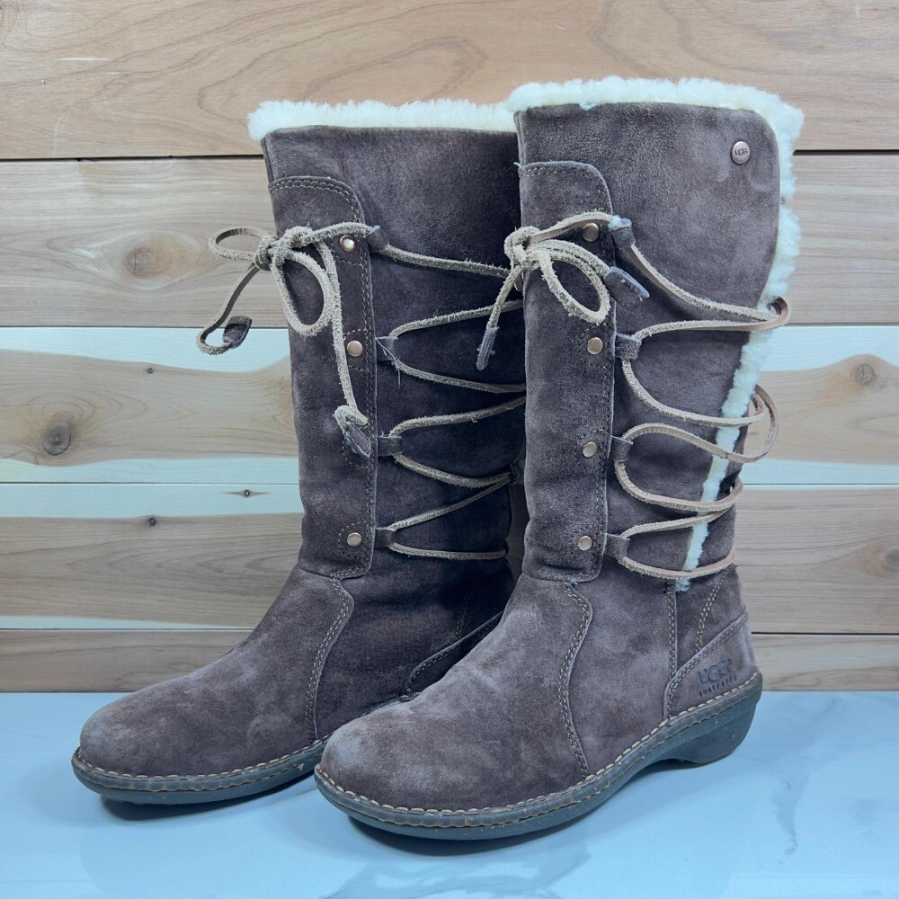 UGG Australia Sunburst Tall Suede Sheepskin Boots Brown Lace Up Womens 7
